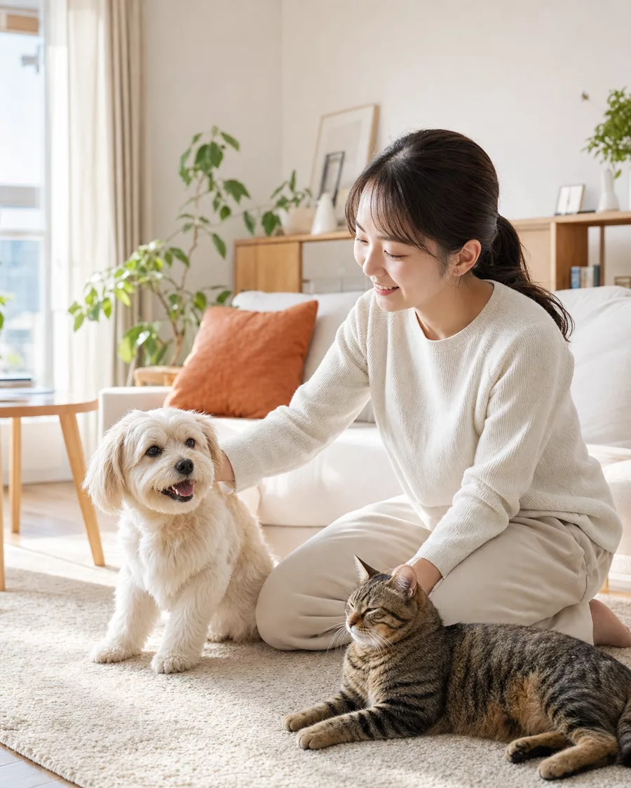 明るいリビングで犬と猫をやさしく見守るペットシッター