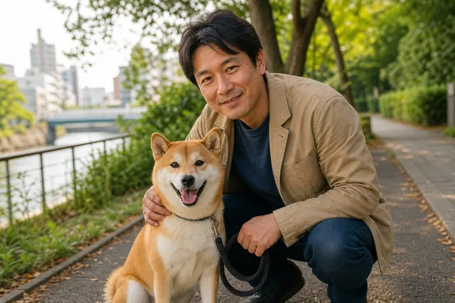 柴犬と一緒に写る山本大輔さん