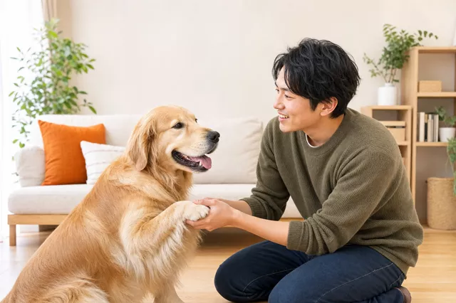 ゴールデンレトリバーと一緒に写る佐藤健太さん