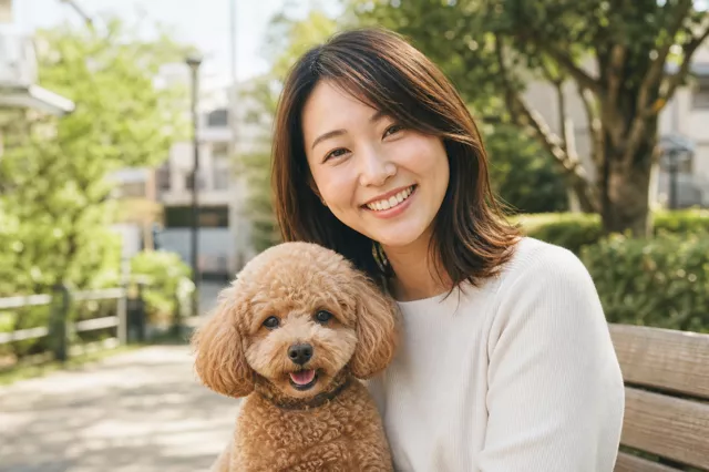 トイプードルと一緒に写る田中美咲さん