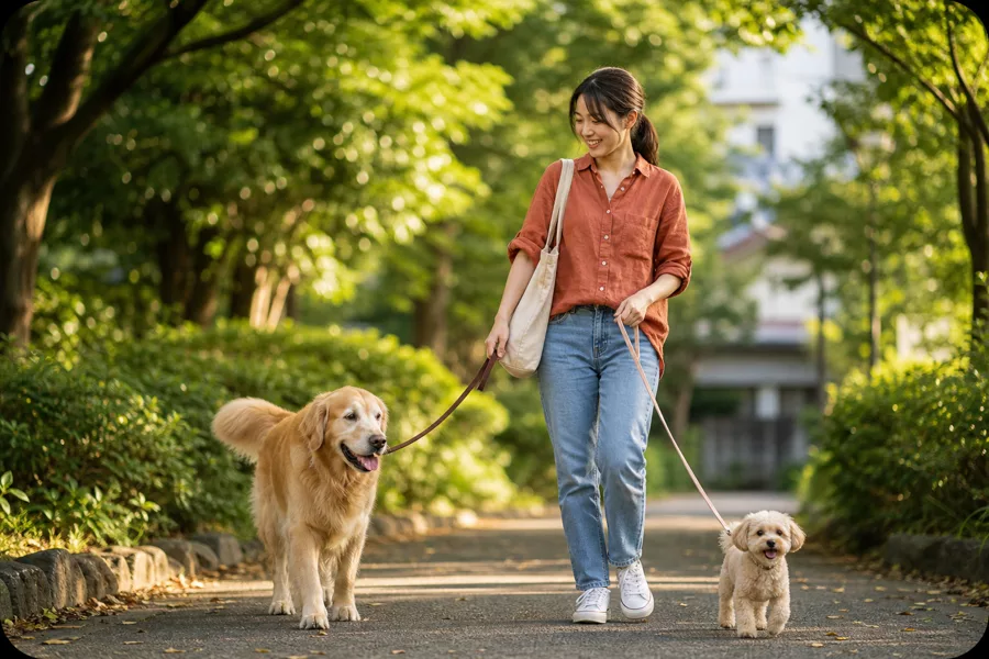 2匹の犬と散歩するペットシッター