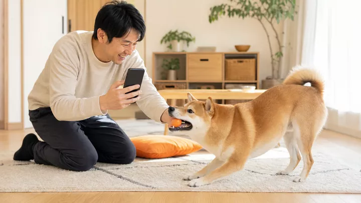 犬と遊びながら写真付き報告を作成するシッター