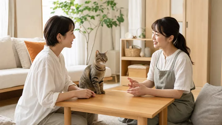 猫を囲みながら飼い主とシッターが相談する様子